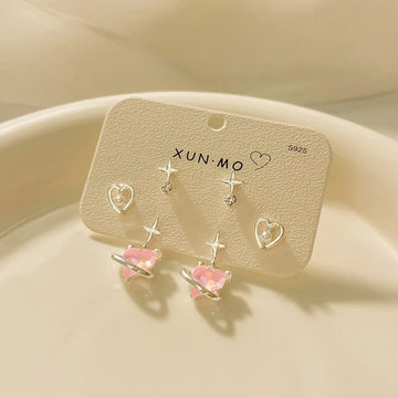 DAIIIBABYYY  -  Sweet Pink y2k Star Heart Pendant Stud Earrings Set for Women Korean Fashion Shiny Rhinestone Pearl Earring Jewelry